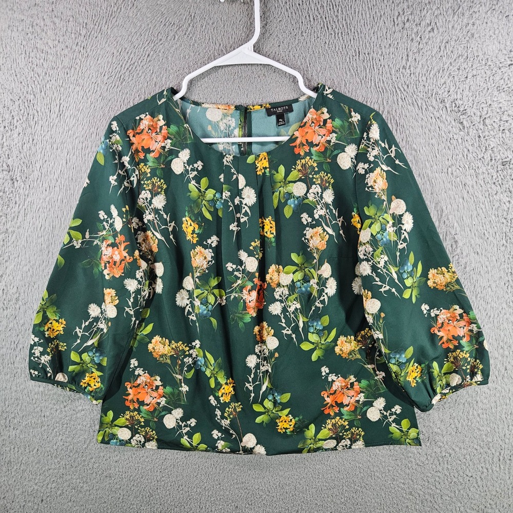 Talbots Petites Green Floral Blouse MP Medium Petite 3/4 Sleeve Pleat Neck Top